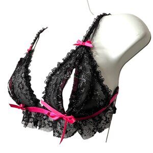Vintage Victorias Secret Lace Bra Size Small Black Pink Open Slit Front Bows S
